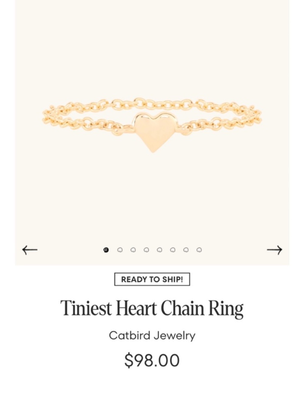 14k Catbird NYC Tiniest Heart Chain Ring, Solid Yellow Gold